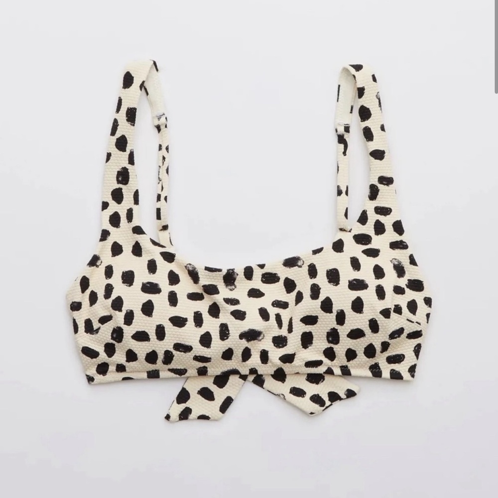 NWT Women's AERIE Leopard Pique Tie Back Scoop Bikini Top Size Small Cream/Black